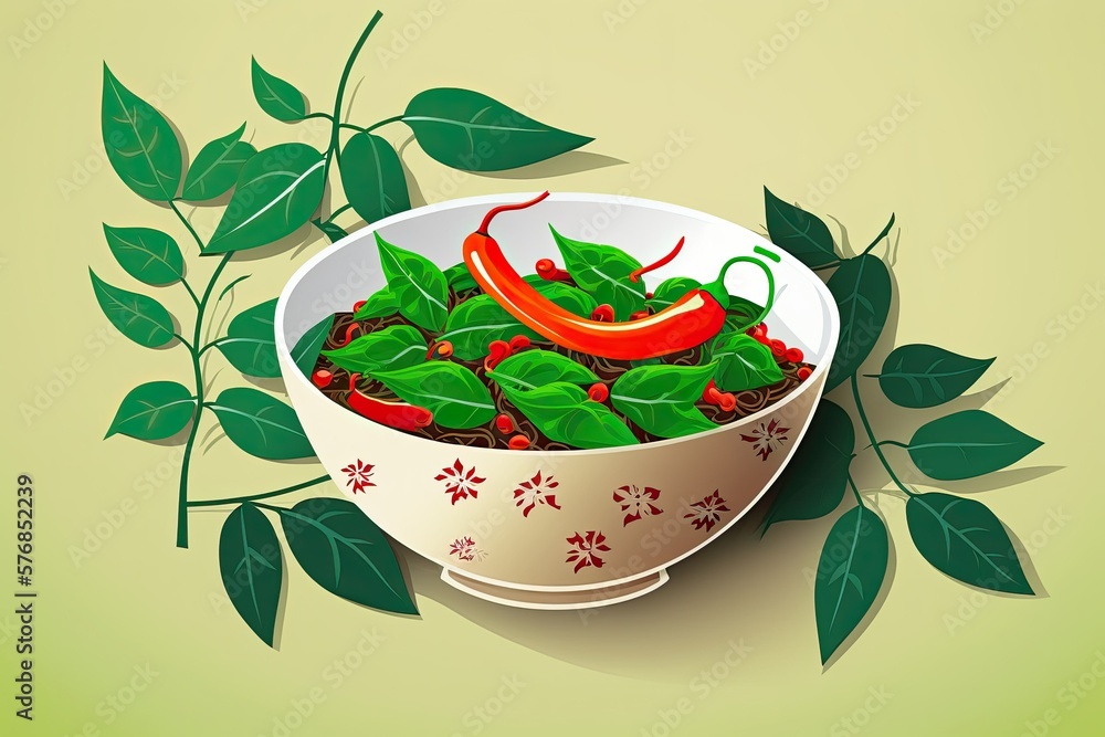 Capsicum annuum Birds Eye chili in a white bowl against a red chili tree background. In widespread 