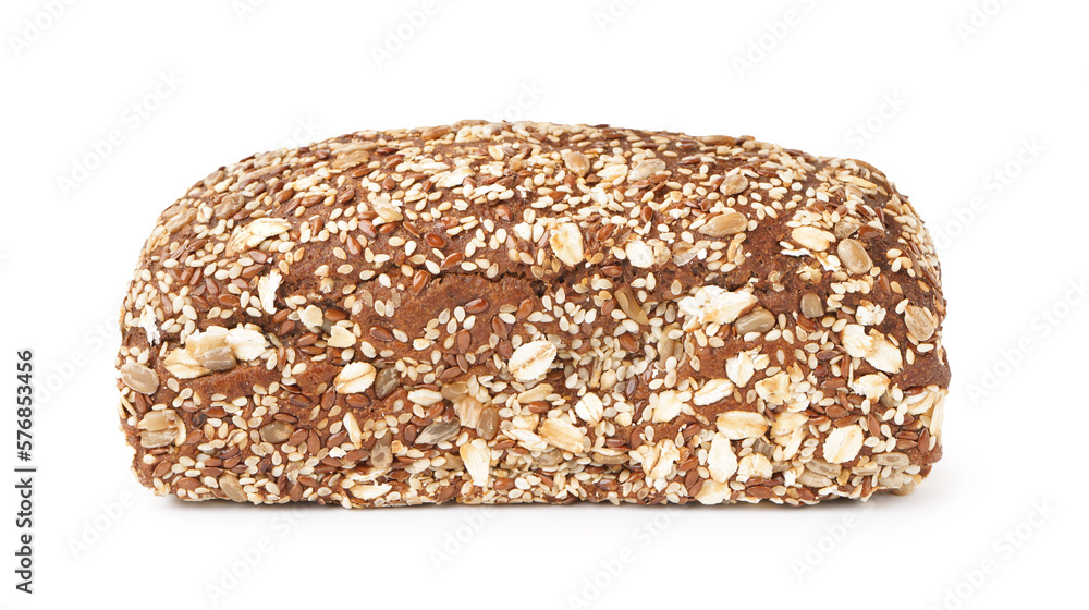 Fresh loaf of rye bread with various seeds isolated on white background