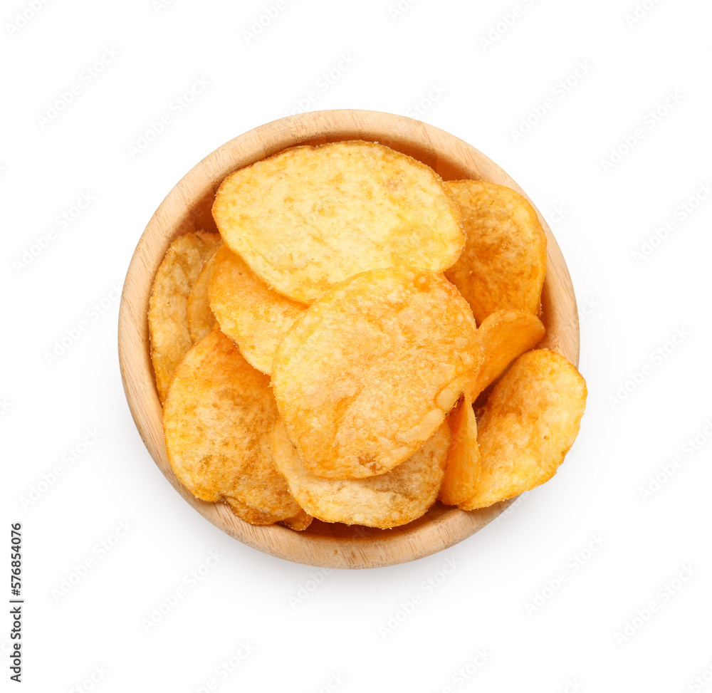 Bowl with delicious potato chips isolated on white background