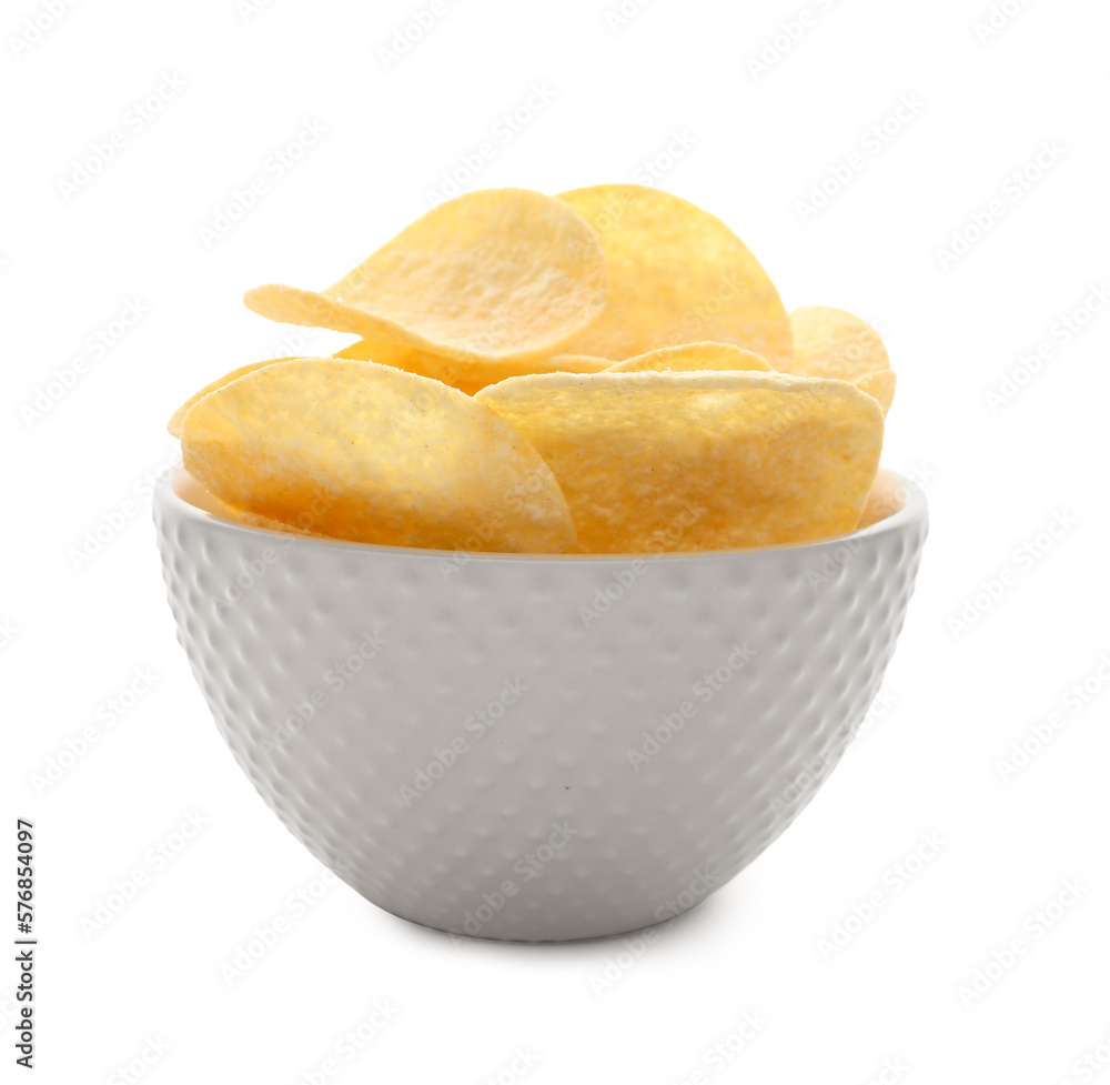 Bowl with delicious potato chips isolated on white background