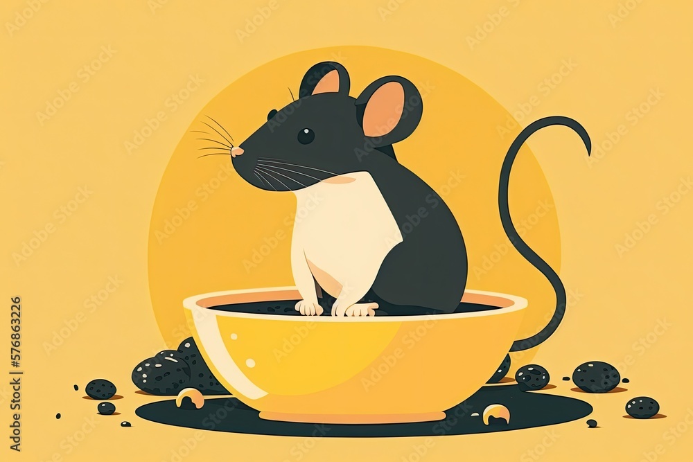 On a bright yellow background, an adorable black rat relaxes in a bowl. diet based on cat food Cute 