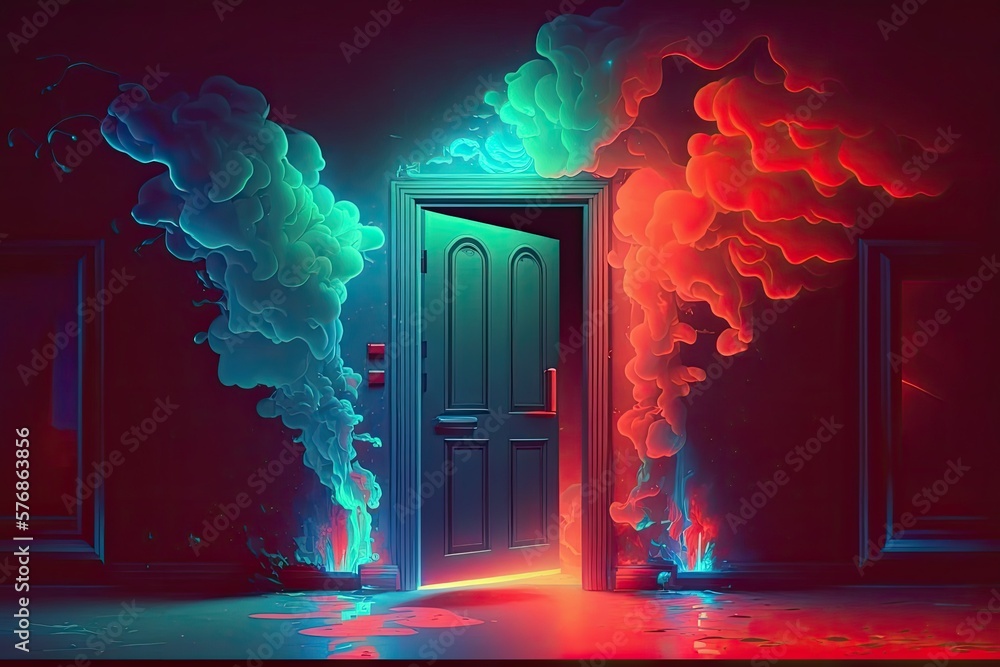 Smoke filled doorway lit by neon lights. Generative AI