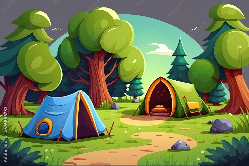 Campsite tents on grass in a natural park. Generative AI