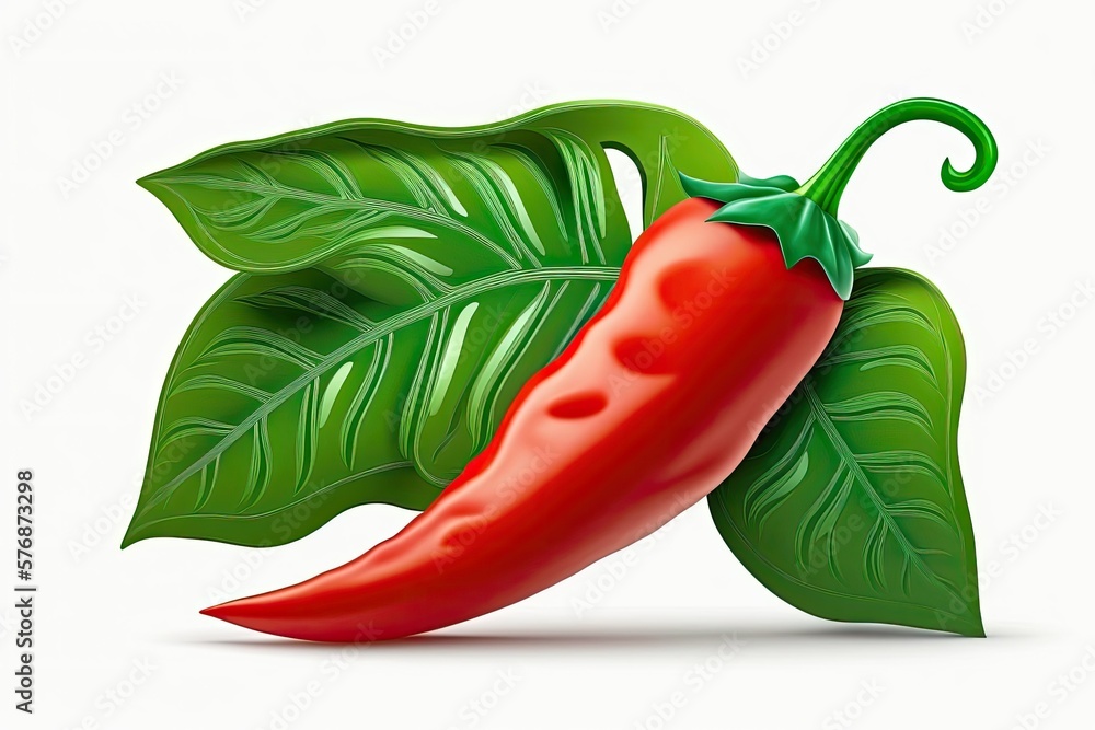 The red chili pepper is on a white background with a green leaf. Generative AI