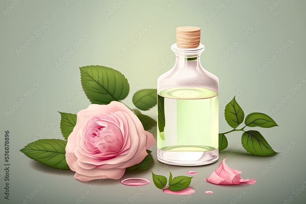 Spa and aromatherapy cosmetic concept featuring a pink rose flower and a glass bottle of essential o