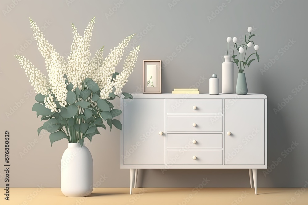 Cozy apartment house interior concept white modern dresser with minimalist furniture in an empty roo