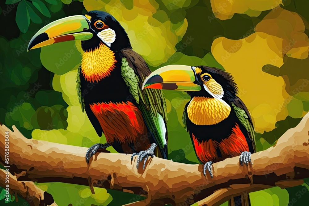 Its a pair of little toucans. Two large billed Collared Aracari, Pteroglossus torquatus. Boca Tapad