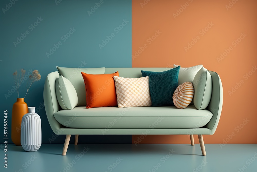 On a flat green background, a modern orange fabric sofa rests on wooden legs and is topped with fluf