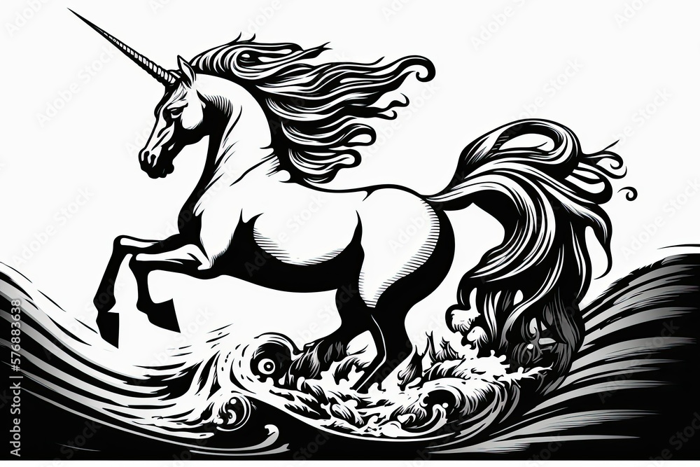 Design for a black and white tattoo featuring a mythical white horse or unicorn. Generative AI