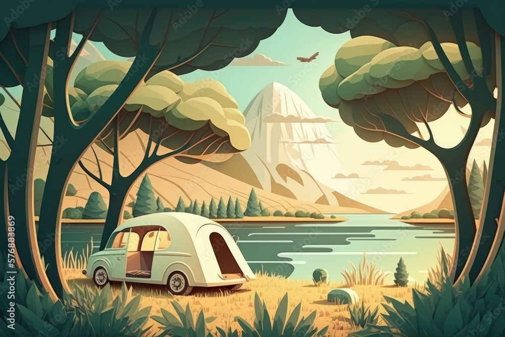 Vacationing in a tent and a car by the lake is an exciting adventure. Natural Scenery Outside, Early