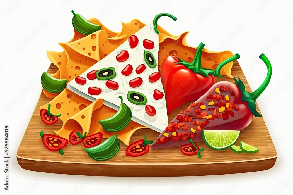 Delicious sauce, nachos, peppercorns, and chili peppers on a white background. Generative AI