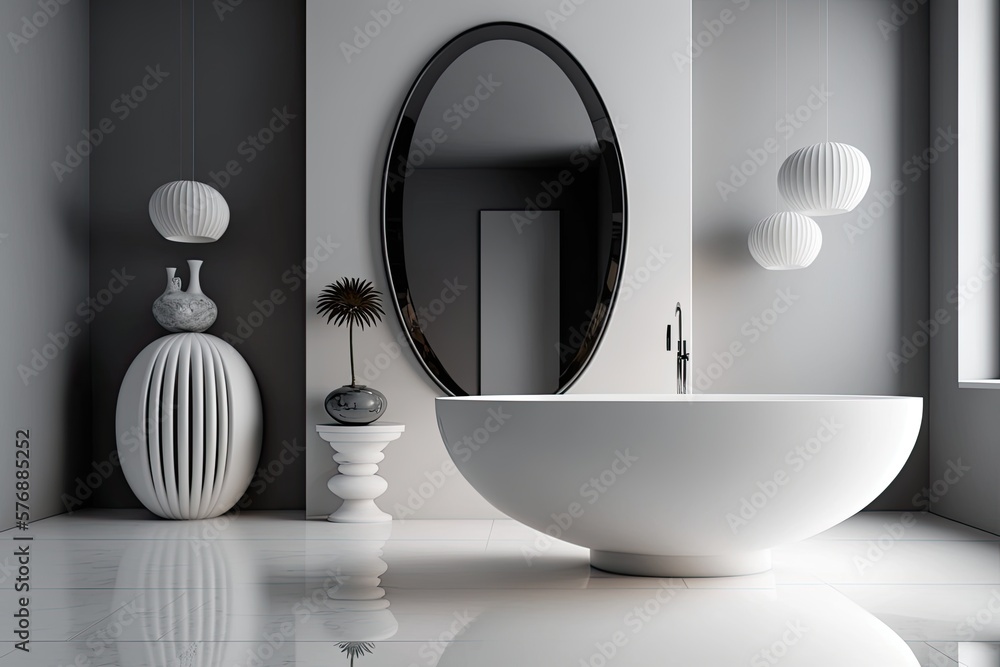 White and beige walls, a concrete floor, a white sink on a marble countertop, an oval mirror over th