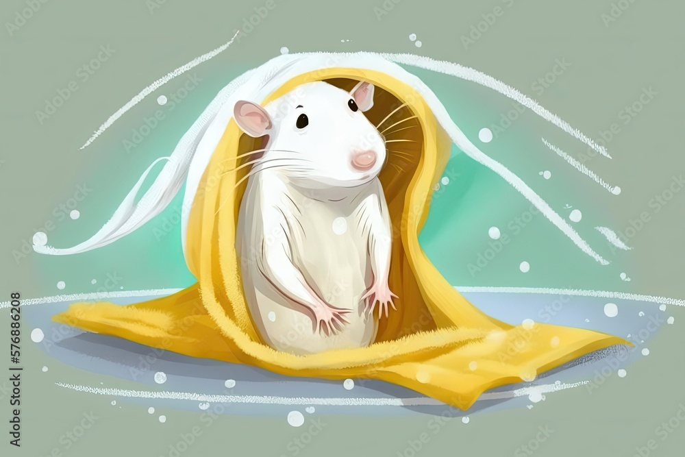 White pet rat drying off in a yellow bath towel. Generative AI