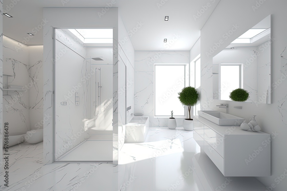 A contemporary bathroom layout, complete with a separate shower area, a dry area with a sink and a m