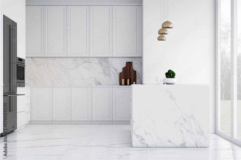 Modern white kitchen in the background, blurred, with a copy space for product display on a marble t