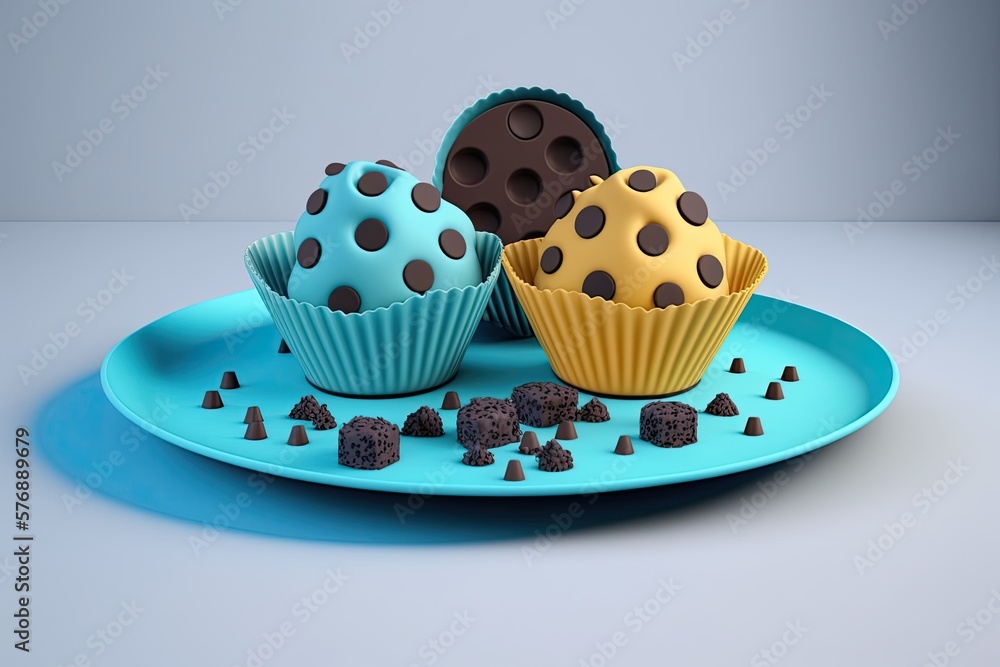 Muffins with chocolate chips on a dish against a pale gray backdrop. perspective from on high. Gener