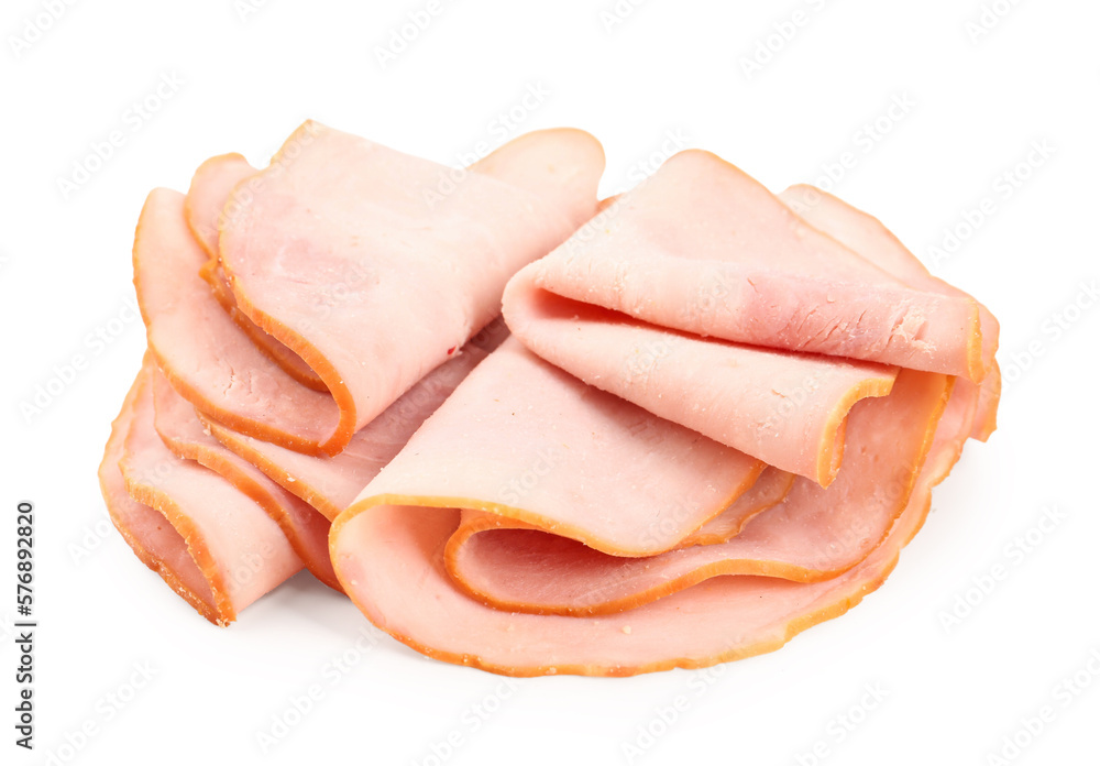 Delicious ham slices isolated on white background