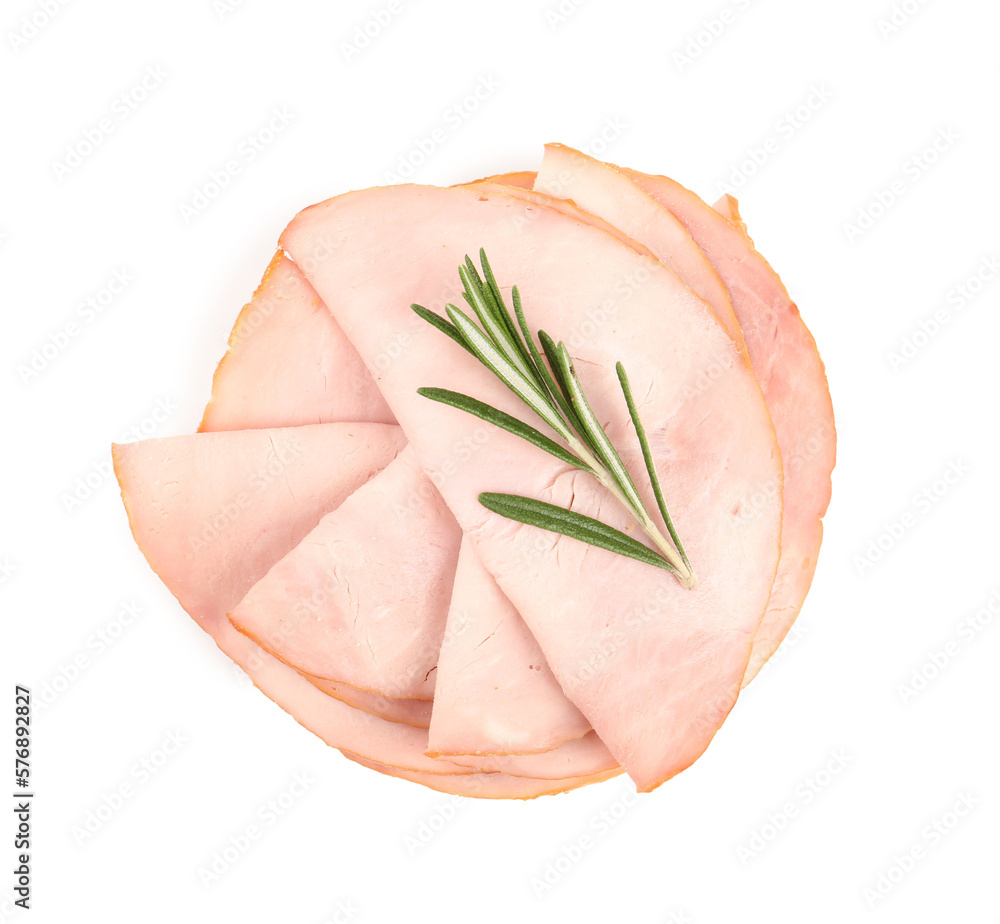 Slices of tasty ham and rosemary isolated on white background