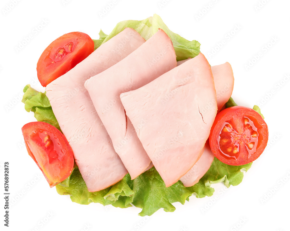 Slices of tasty ham, lettuce and tomatoes isolated on white background