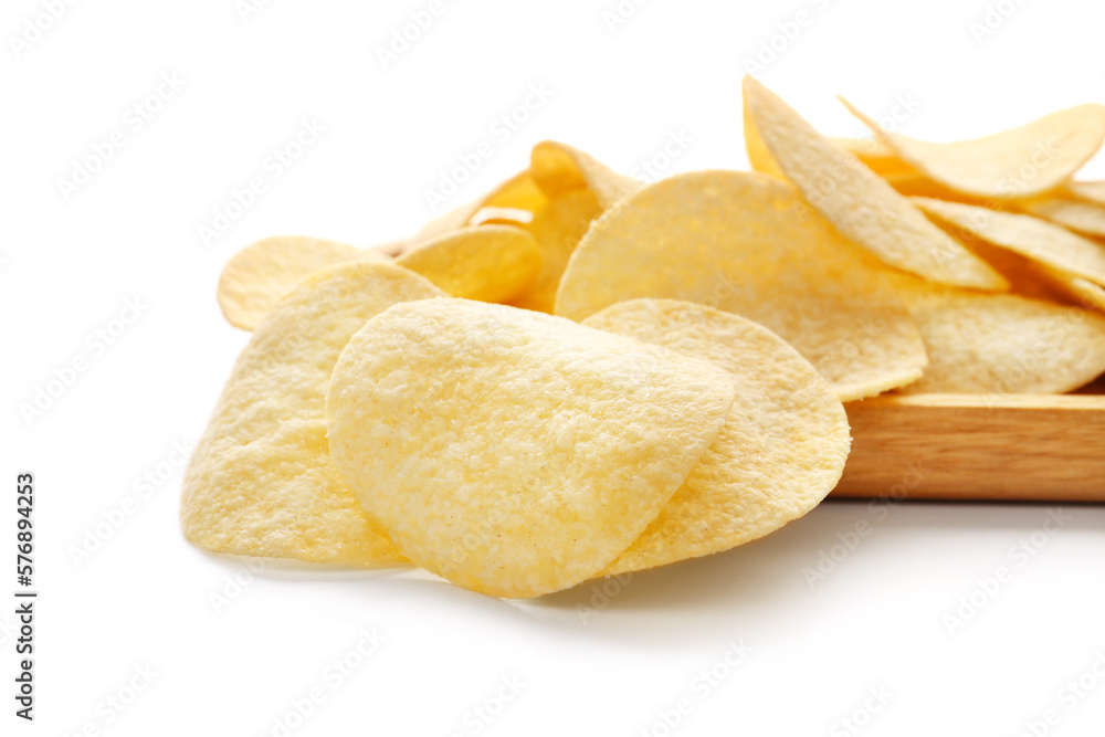 Delicious potato chips isolated on white background