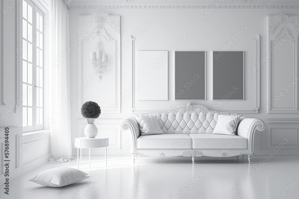 There is a couch and some decorations in a white living room. Generative AI