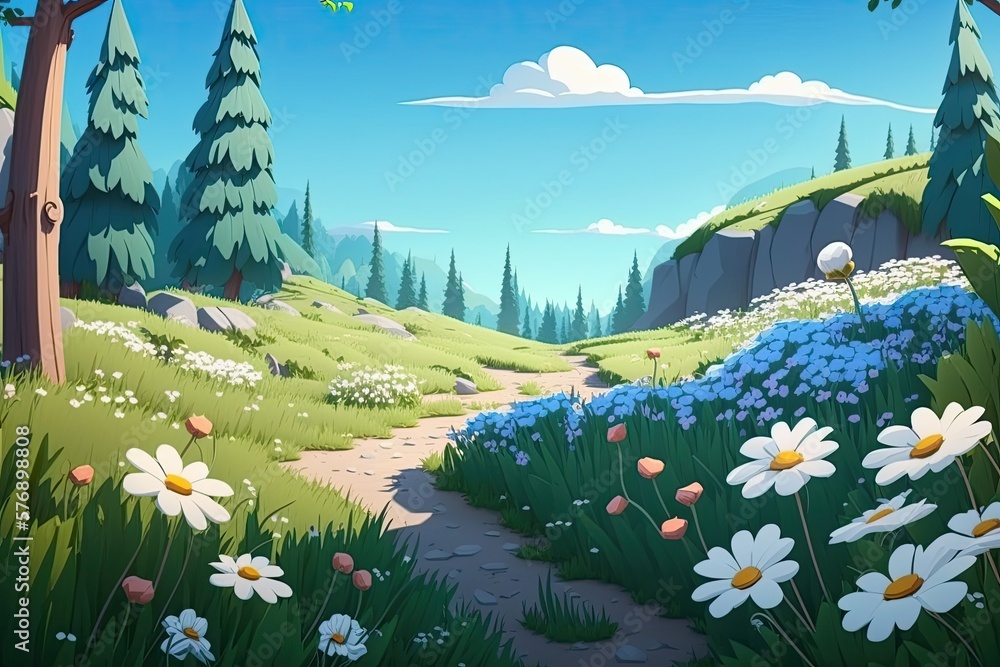 Close to the center of the clearing in the forest is a small flower field. Digital CG Concept Art, C