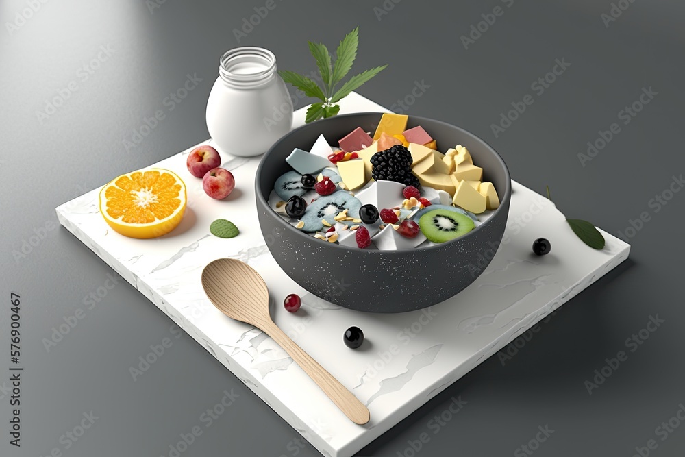 Grey table with a delicious fruit salad and yogurt. Generative AI