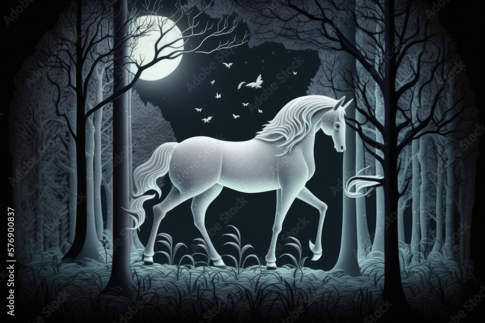 White unicorn in the nighttime woods; a fantastical sight. Generative AI