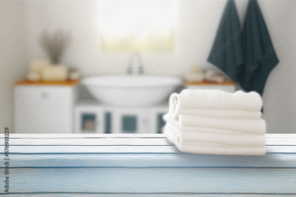 Blurred bathroom background with towels on a white wood table. The use of montages in advertising. G