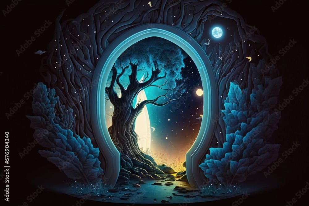 Conjuring a magical doorway in fantasy. To another planet through a portal in the elf woods. Creatio