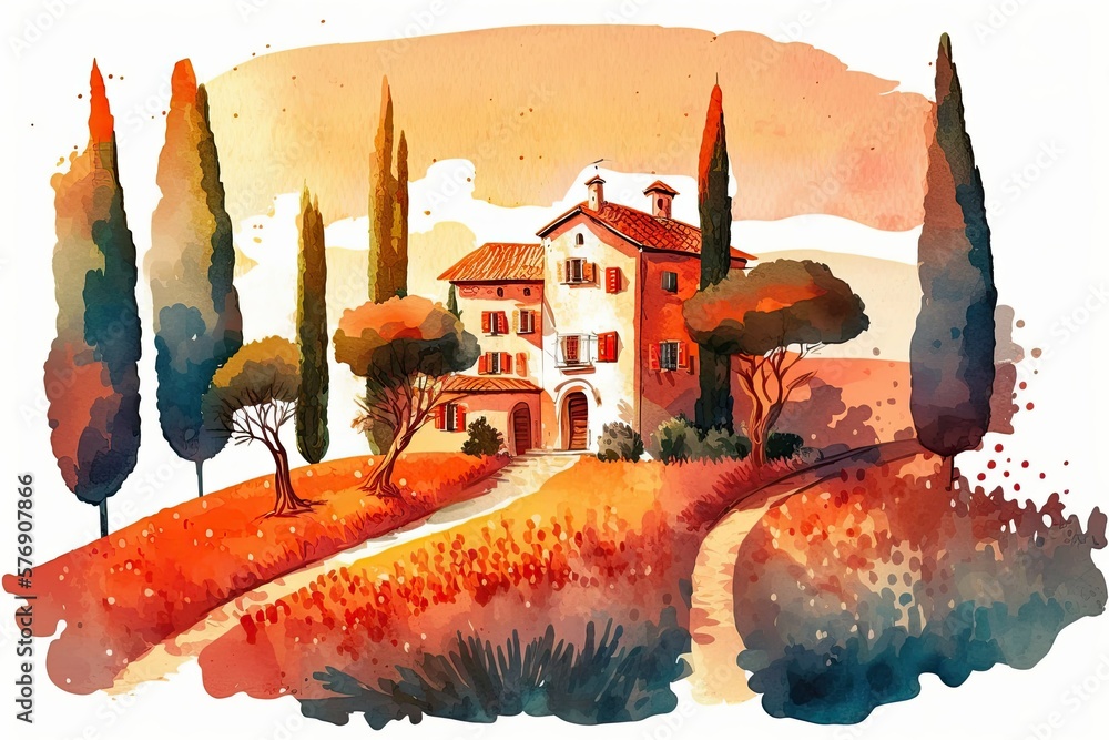 Summer scene in Tuscany, depicted in watercolor. Generative AI