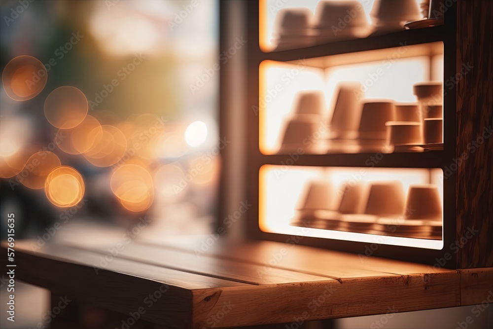 Brown wooden board mock display shelf with abstract beautiful blurred low angle view warming light b