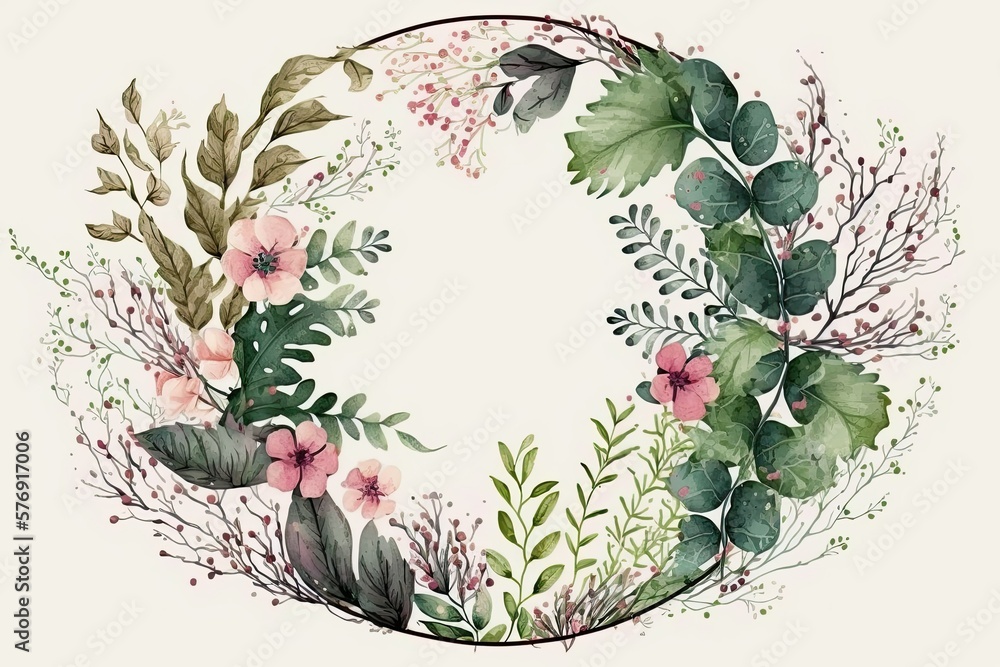 Greeting card, decorative postcard, or invitation with a circular frame, a watercolor painting of a 