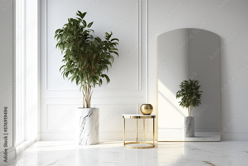 Apartment interior design copyspace bedroom with spray painted table, gold stainless mirror, and fak