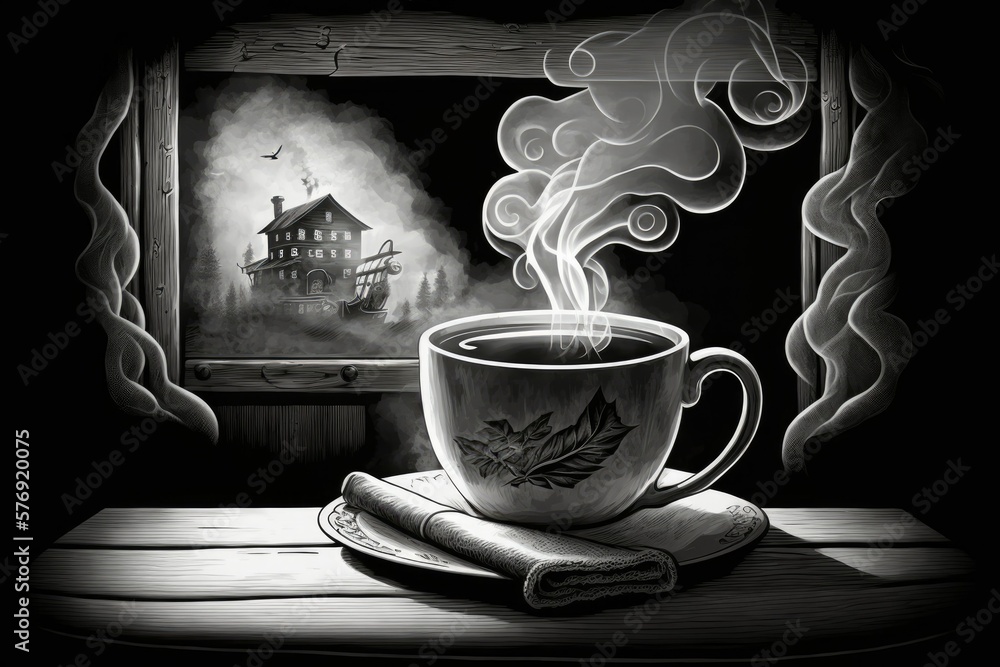 Smoke rising from a cup of coffee, with a sack of coffee beans and an antique wooden table in the ba