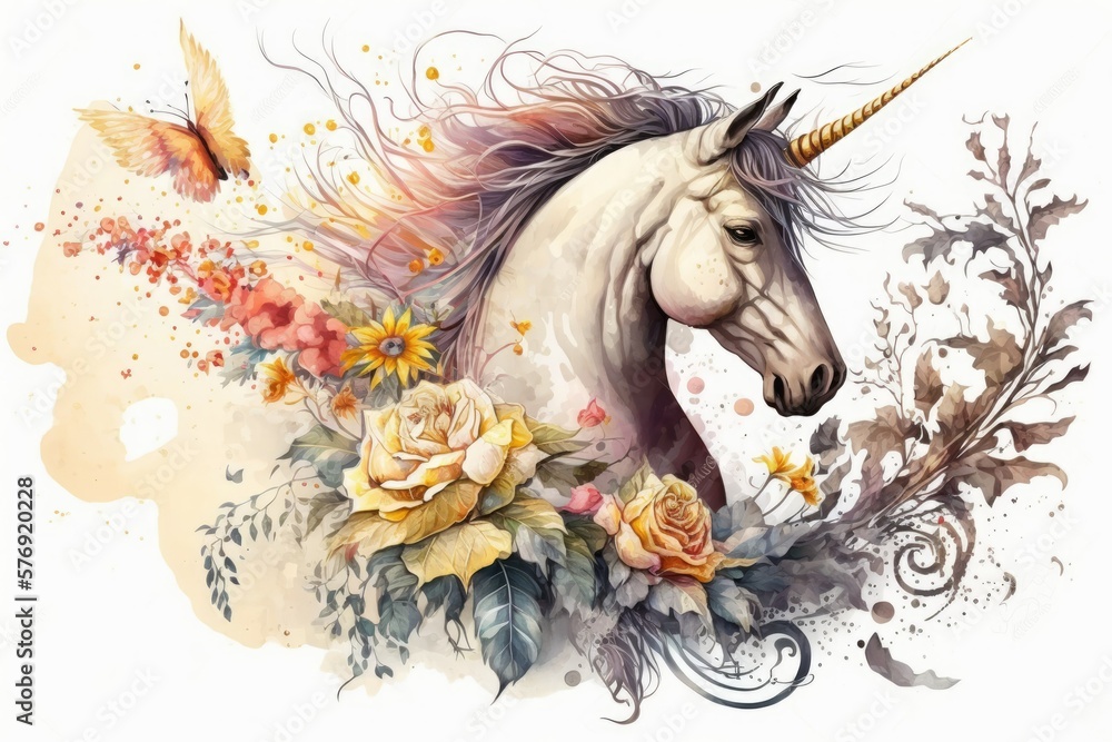 Isolated on white, a beautiful watercolor painting of a unicorn, a pegasus, and a flowering bouquet.