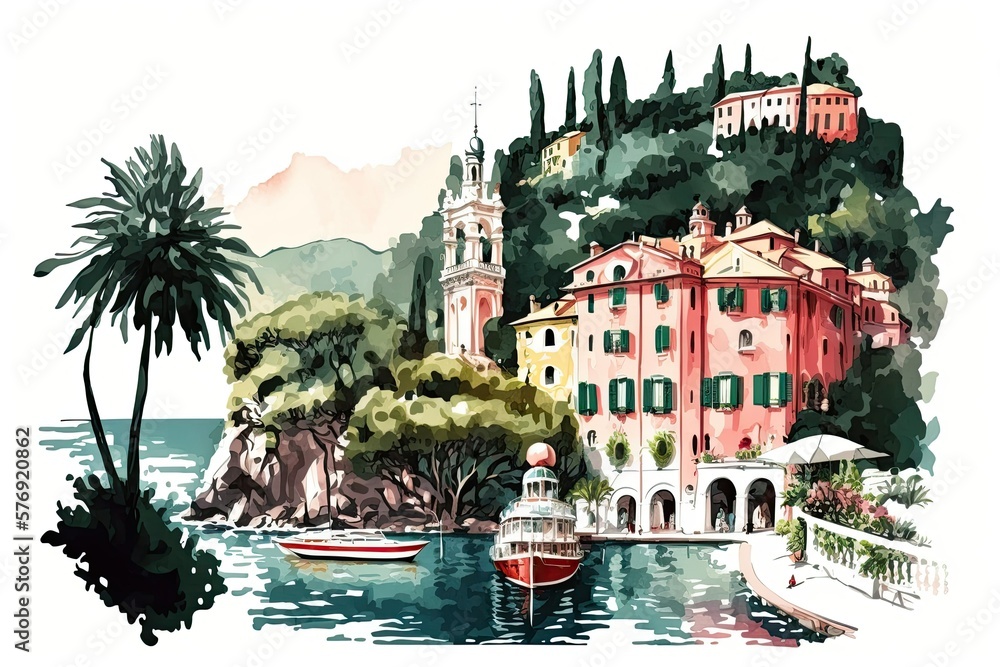 The picturesque Italian town of Portofino, depicted here in watercolor. Generative AI