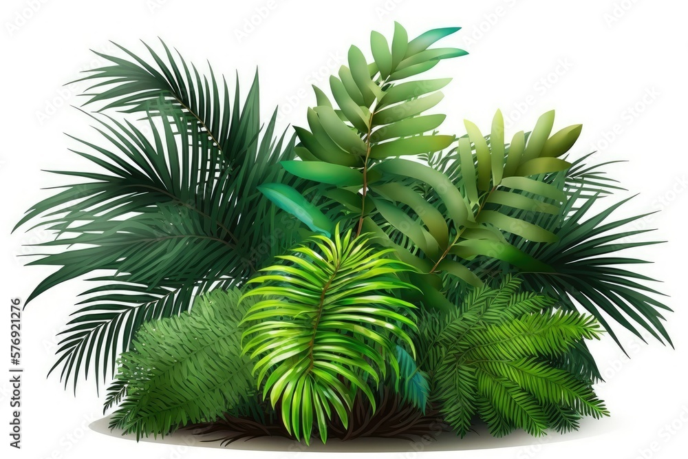 perspective from on high tropical plant bush palm arrangement nature backdrop with leaves foliage is