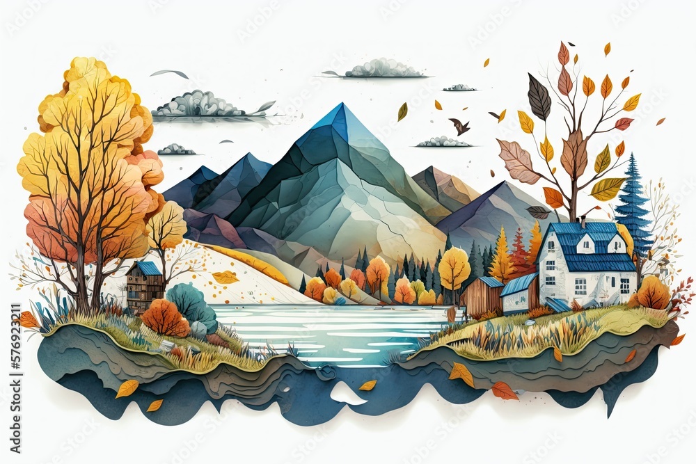 Autumn. Mountains, hills, a lake, trees, and quaint little houses populate a watercolor scene. a lak