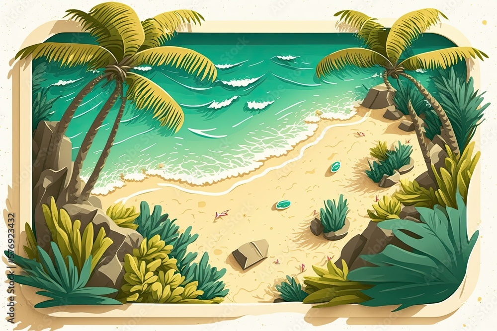 View of the ocean, palm trees, and sandy beach from above. Generative AI