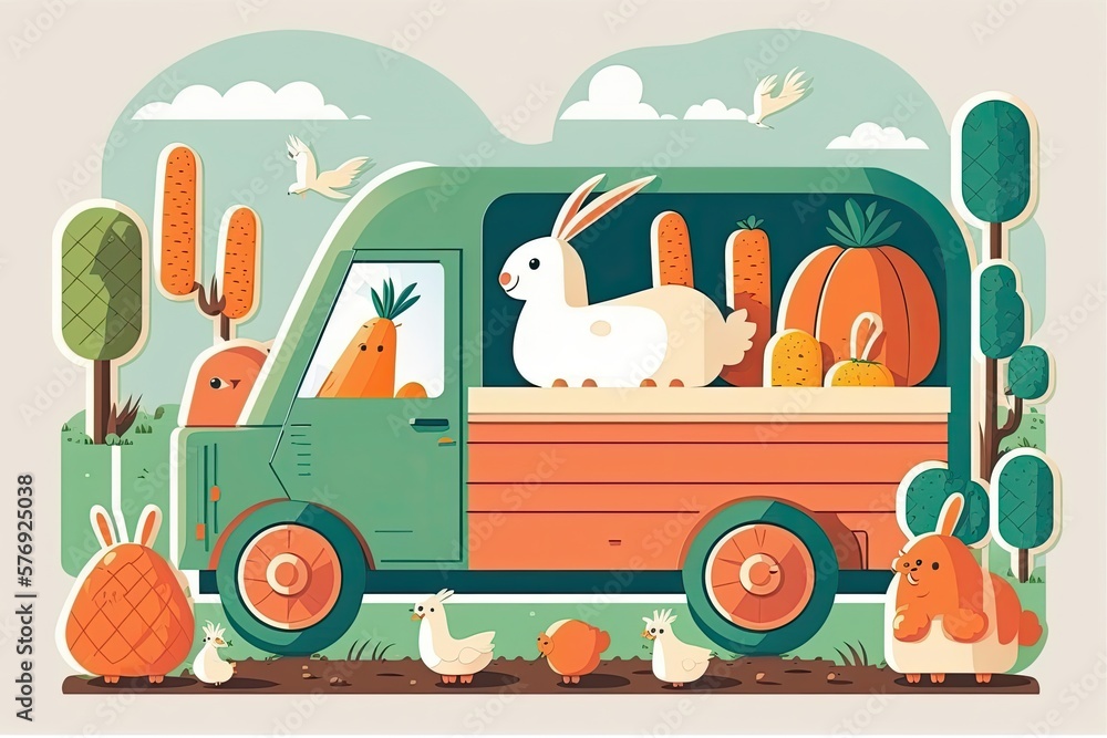 Truck, rabbit, hen, egg, and carrot Easter card illustration. Generative AI