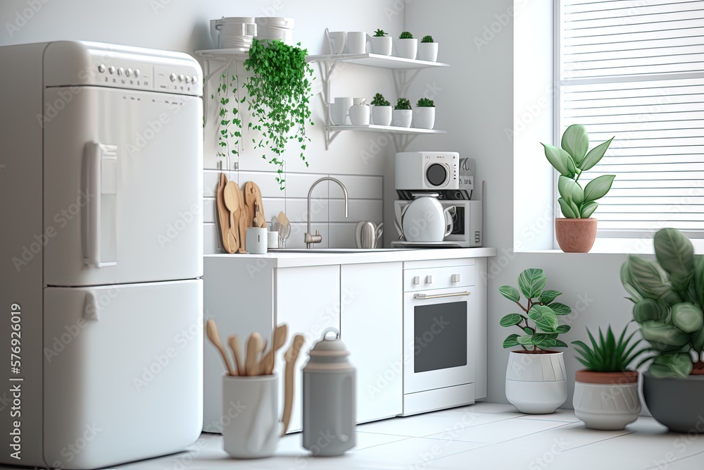 An open, airy, and blog worthy contemporary apartments kitchen. Empty white kitchen with a kettle a