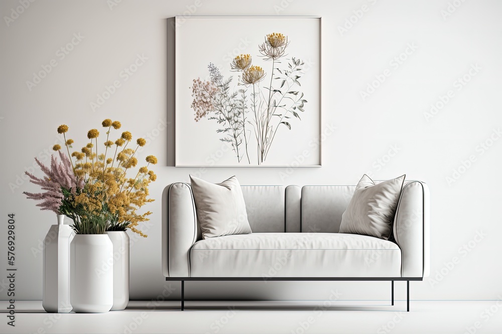 Beautiful and plush sofa, with a marble end table and a bouquet of dried flowers. Décorations for th