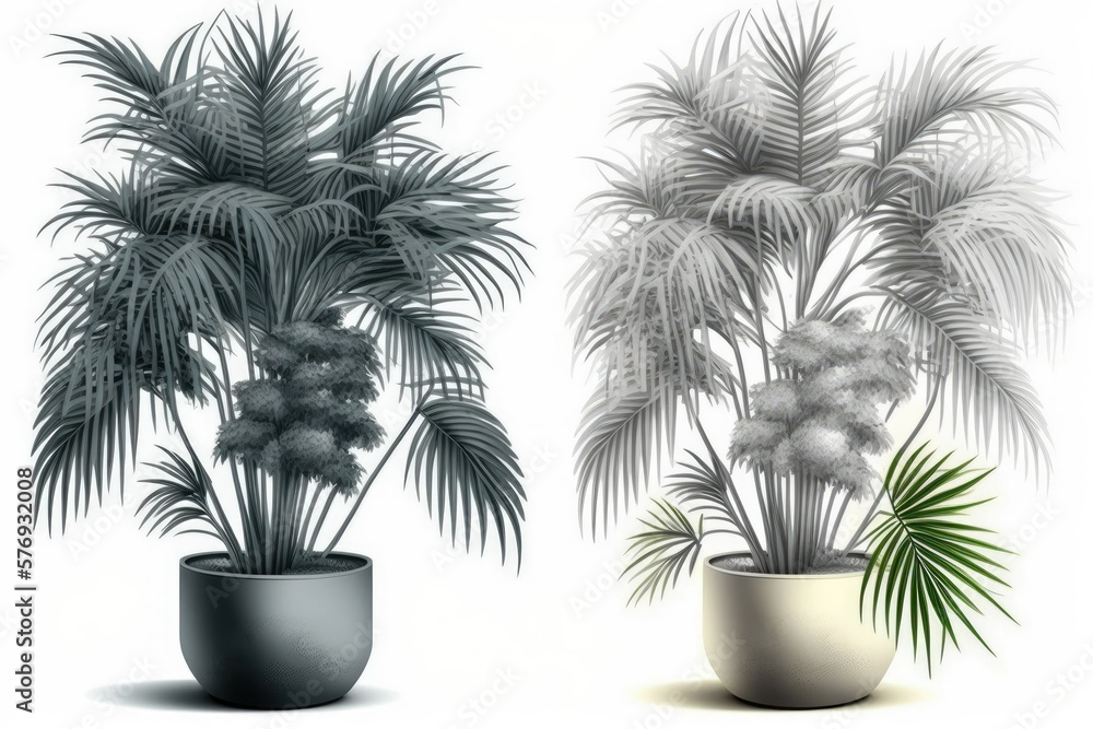 In pots, grey Kentia palm trees. Image of a houseplant on a white background. Generative AI