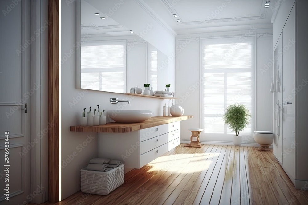 White walls, a wood floor, a white sink on a wooden countertop, and a narrow mirror over the sink ch