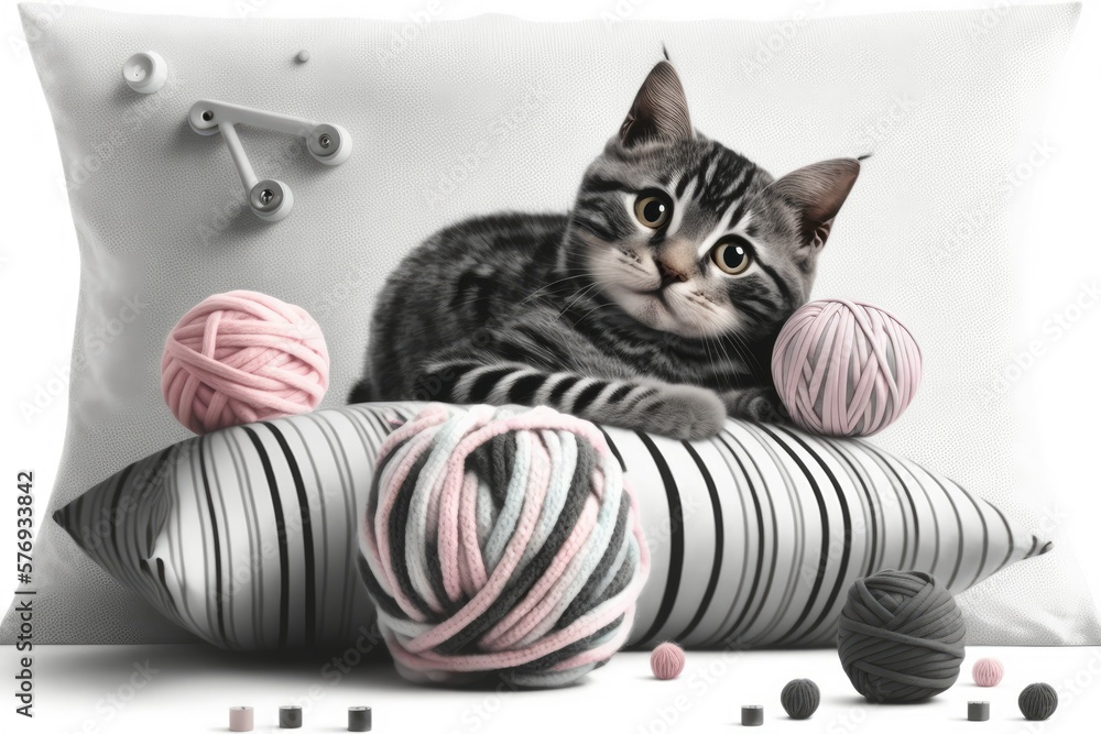 A striped cat rolls about on a white bed with some thread balls in pink and gray. Adorable kitten la