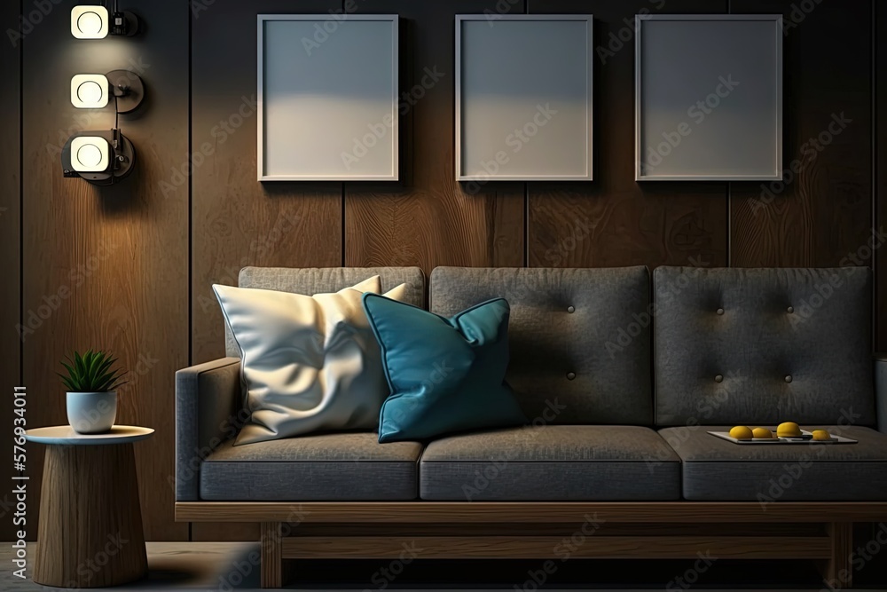 Copy space wall, plush sofa, lamplight lamp, tabletop decor, and a wooden panel in the background a 