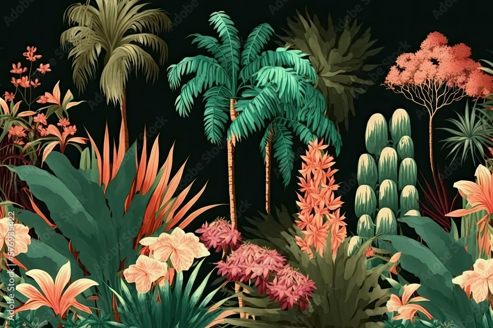 There is a seamless pattern of palm trees. A pattern of watercolor flowers that repeats on the wallp