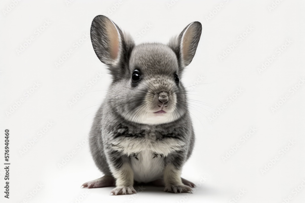 Adorable grey chinchilla pup, age 2, posing in studio against white background. Generative AI