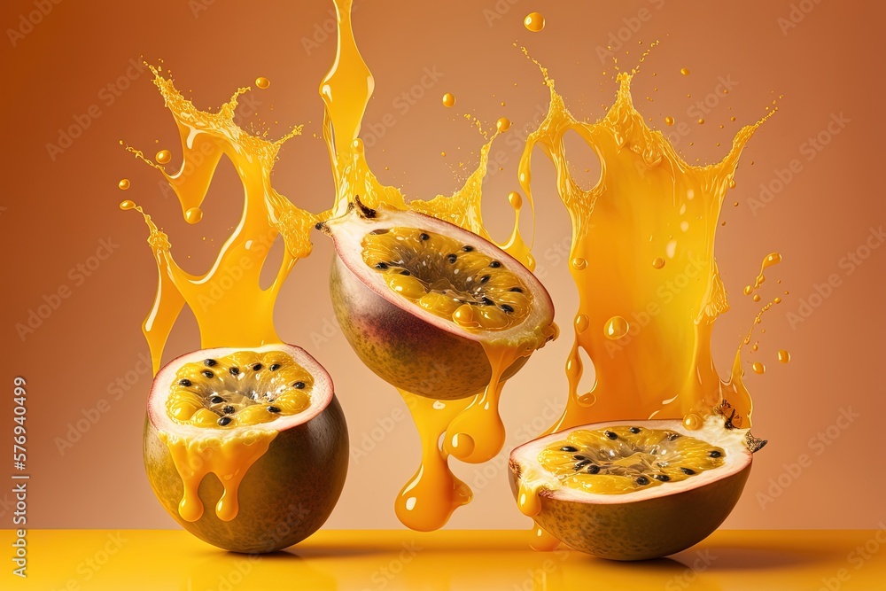 Images of raw, juicy passion fruit floating in the air, set against a yellow background. Concept of 